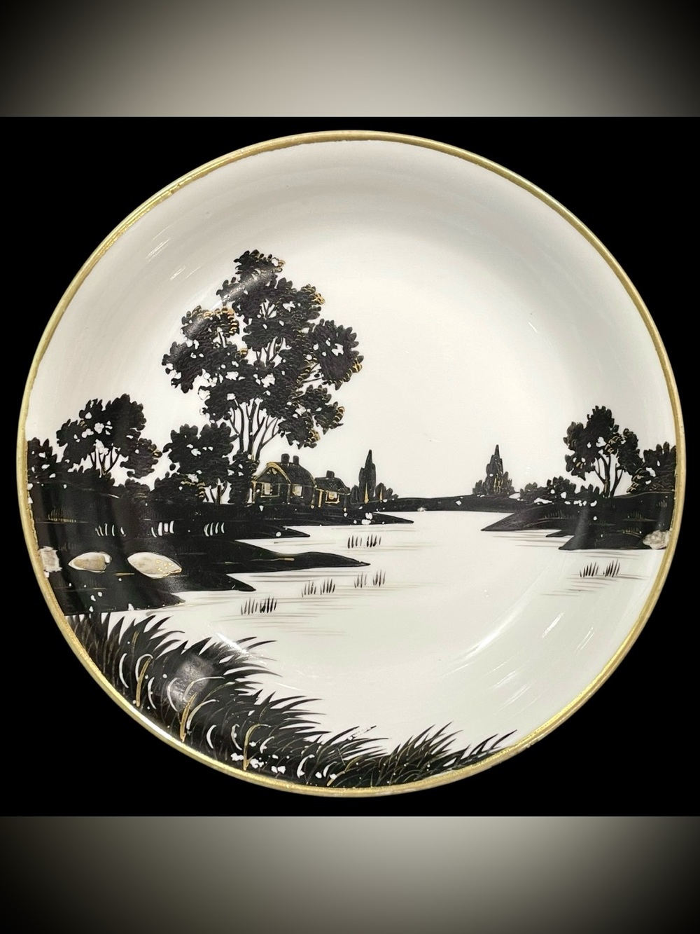 Antique 1890s Nippon Japan Black & White Lake Scenery Plate Original Maple Leaf